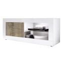 OTELLO - Meuble TV 1 Portes 2 Niches Blanc Laqué et Aspect Bois Antik avec Leds