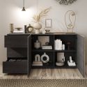 VESUVIO TITANE - Buffet 2 Portes 3 Tiroirs Gris Anthracite et Aspect Bois Finition Cadiz