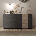 VESUVIO TITANE - Buffet 2 Portes 3 Tiroirs Gris Anthracite et Aspect Bois Finition Cadiz