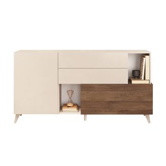 CARLO - Buffet 2 portes 2 Tiroirs Beige Laqué Beige et Aspect Bois Finition Mercure