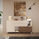 CARLO - Buffet 2 portes 2 Tiroirs Beige Laqué Beige et Aspect Bois Finition Mercure