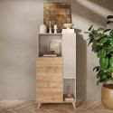 CARLO - Rangement 2 portes 2 Niches Laqué Beige et Aspect Bois Finition Cadiz