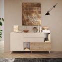 CARLO - Buffet 2 portes 2 Tiroirs Laqué Beige et Aspect Bois Finition Cadiz