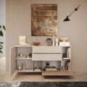 CARLO - Buffet 2 portes 2 Tiroirs Laqué Beige et Aspect Bois Finition Cadiz