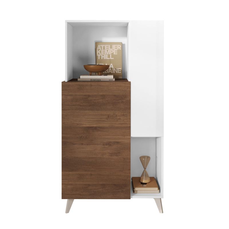 CARLO - Rangement 2 portes 2 Niches Laqué Blanc et Aspect Bois Finition Mercure CARLO - Rangement 2 portes 2 Niches Laqué Blanc et Aspect Bois Finition Mercure
