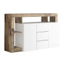 ARTURO - Buffet 2 Portes 3 Tiroirs Blanc Laqué Encadrement Niches Aspect Bois Antik