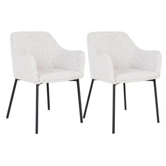 LOANA - Lot de 2 Fauteuils de Table Tissu Bouclé Blanc Chiné Pieds Métal Noir