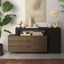LIBERTA NOIR - Buffet 1 portes 3 Tiroirs Aspect Pierre Noire et Bois Finition Mercure