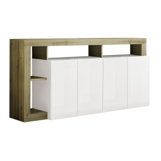 ARTURO - Buffet 4 Portes Blanc Laqué Encadrement Niches Aspect Bois Cadiz