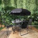 GARDEL - Salon de Jardin Noir Table Métal et Verre trempé et 4 Fauteuils en Toile