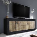 OTELLO - Buffet bas 2 Portes 2 Tiroirs Finition Noir Mat et Aspect Bois Antik