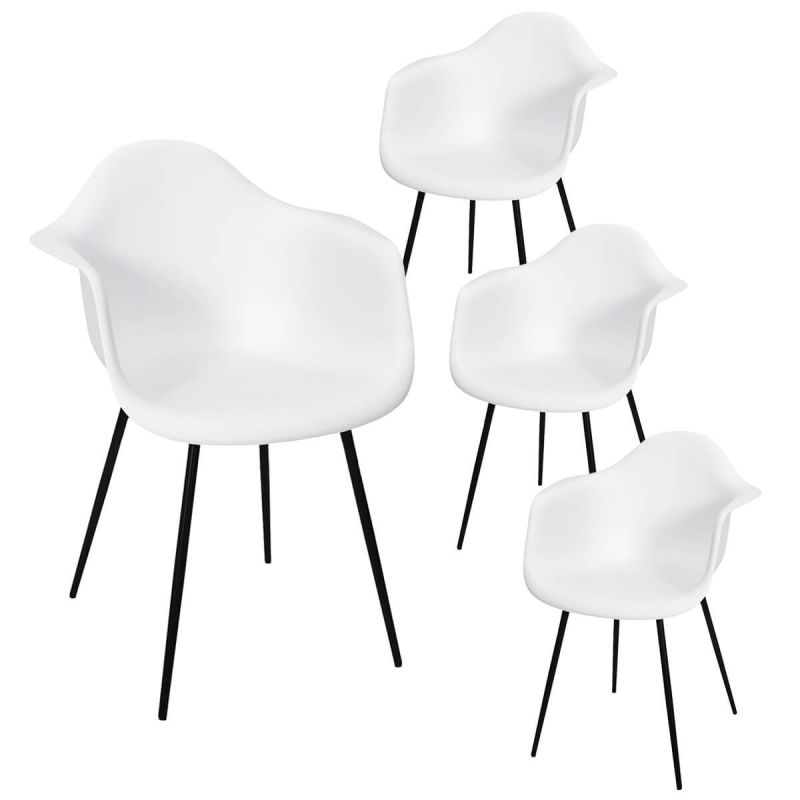 OMER - Lot de 4 Chaises Coque Accoudoirs Blanches Piètement Métal