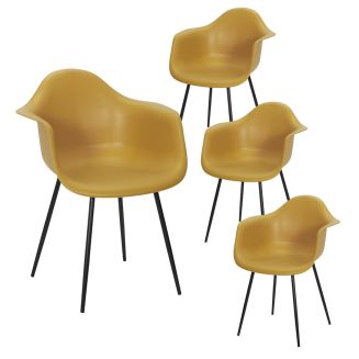 OMER - Lot de 4 Chaises Coque Accoudoirs Jaunes Piètement Métal