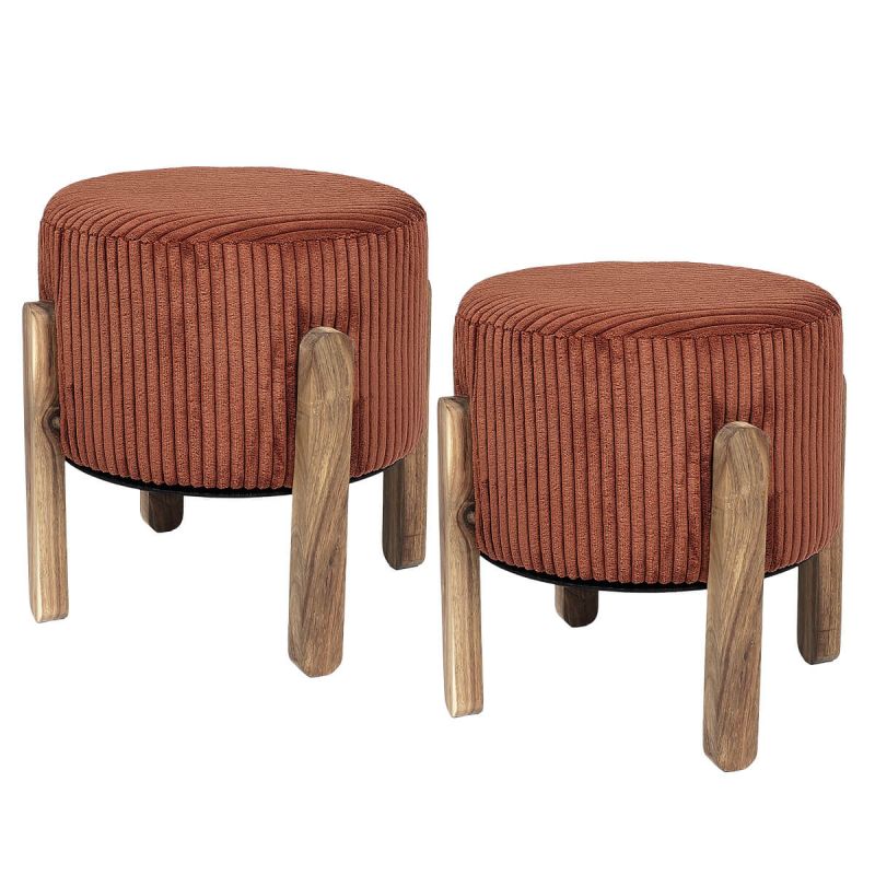 AMORY - Lot de 2 Tabourets en velours côtelé coloris terracotta pieds en acacia