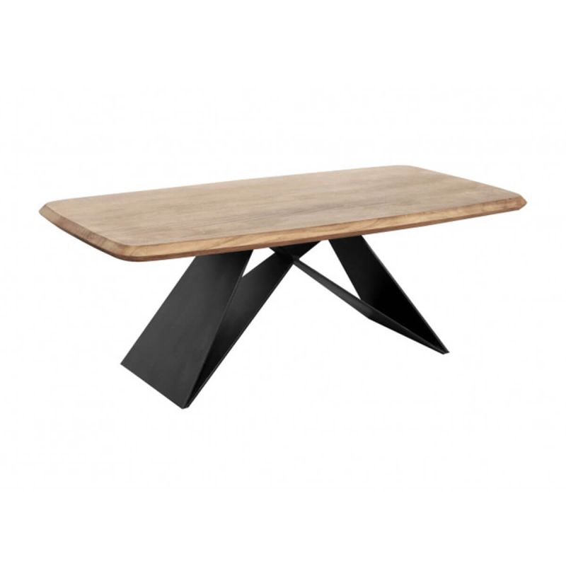 MYLONIS - Table Basse Plateau en Acacia Massif Pieds Métal Noir Forme Papillon