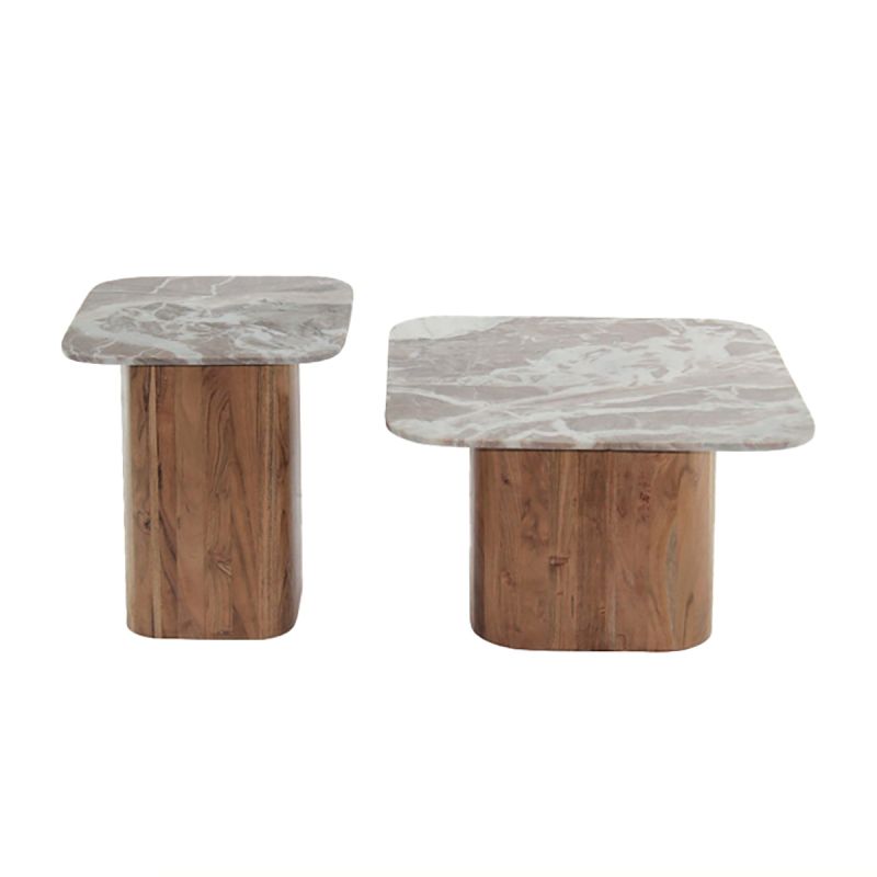 ANGELE - Lot de 2 Tables Basses Plateau Marbre Naturel Piètement Acacia