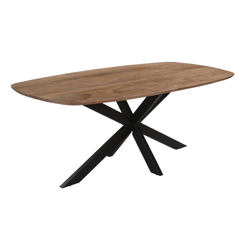 ROMANE - Table Repas 200cm Plateau Ovale en Acacia Massif Pieds Métal Noir