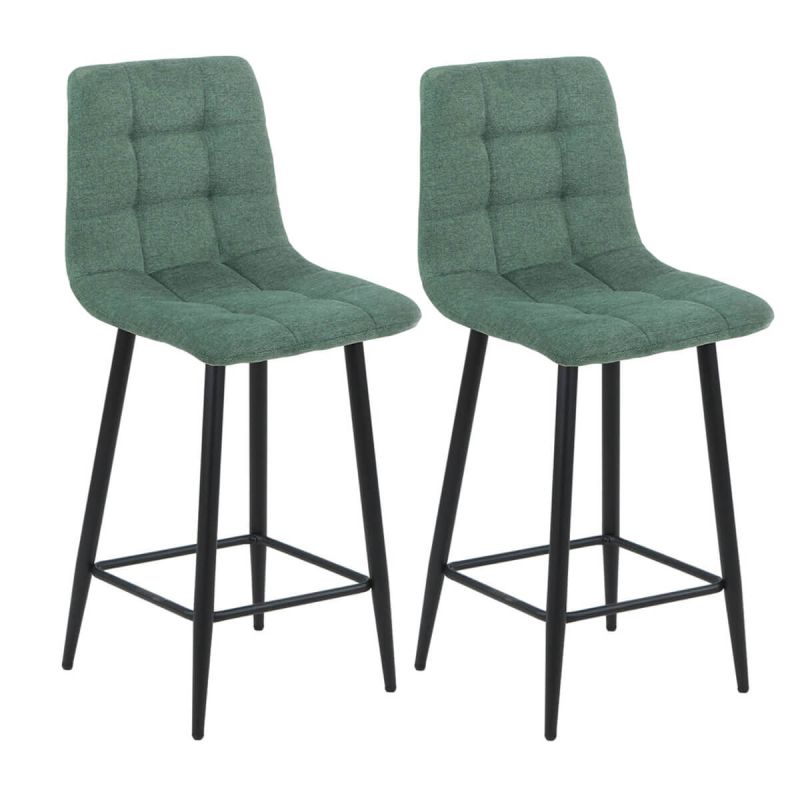 ERNEST - Lot de 2 Tabourets de bar Tissu Gris Pieds Métal Vert