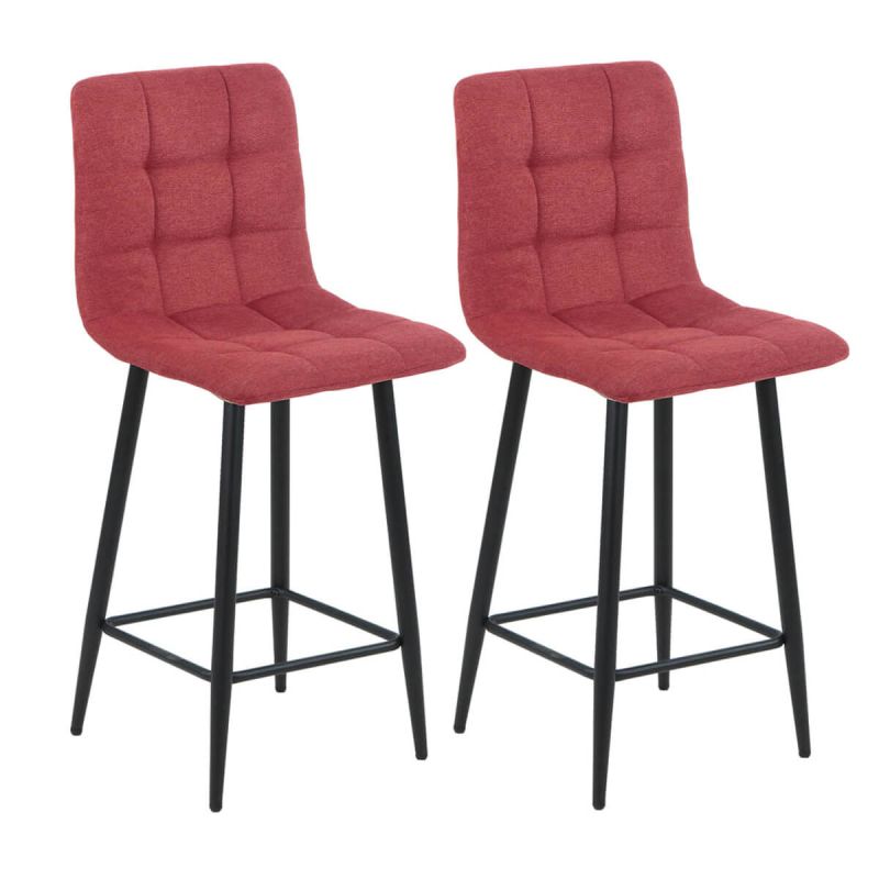 ERNEST - Lot de 2 Tabourets de barTissu Gris Pieds Métal Rouge