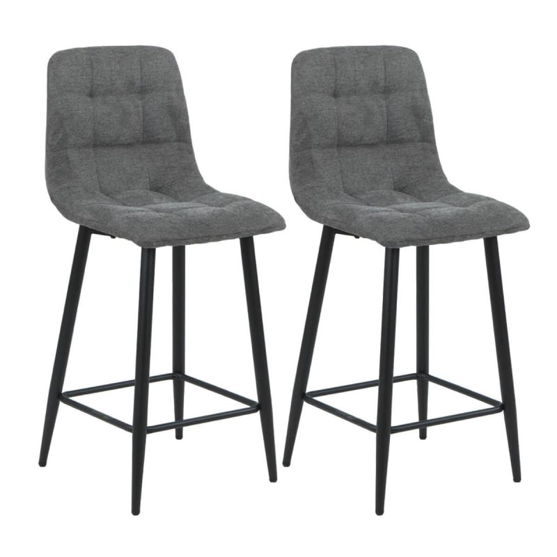 ERNEST - Lot de 2 Tabourets de bar Tissu Gris Pieds Métal Gris Anthracite