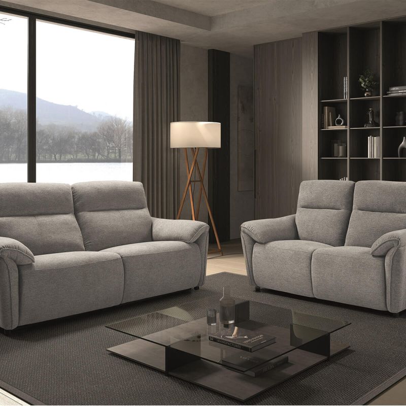 MAZARO - Canapés 3 Places Relax Electrique + 2 Places Fixe Tissu Gris Chiné