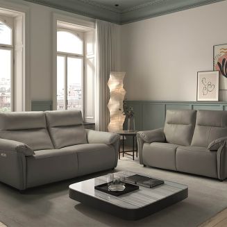 MAZARO - Canapés 3 Places Relax Electrique + 2 Places Fixe Cuir Gris éléphant