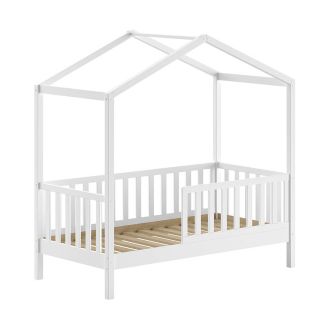 ARKAN - Lit Maison Junior à Barrières 70x140cm Pin Massif laqué Blanc