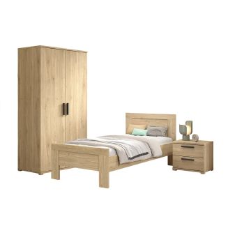 MARCO - Chambre Enfant Lit 90x200cm + Chevet + Armoire 2 Portes Aspect Chêne