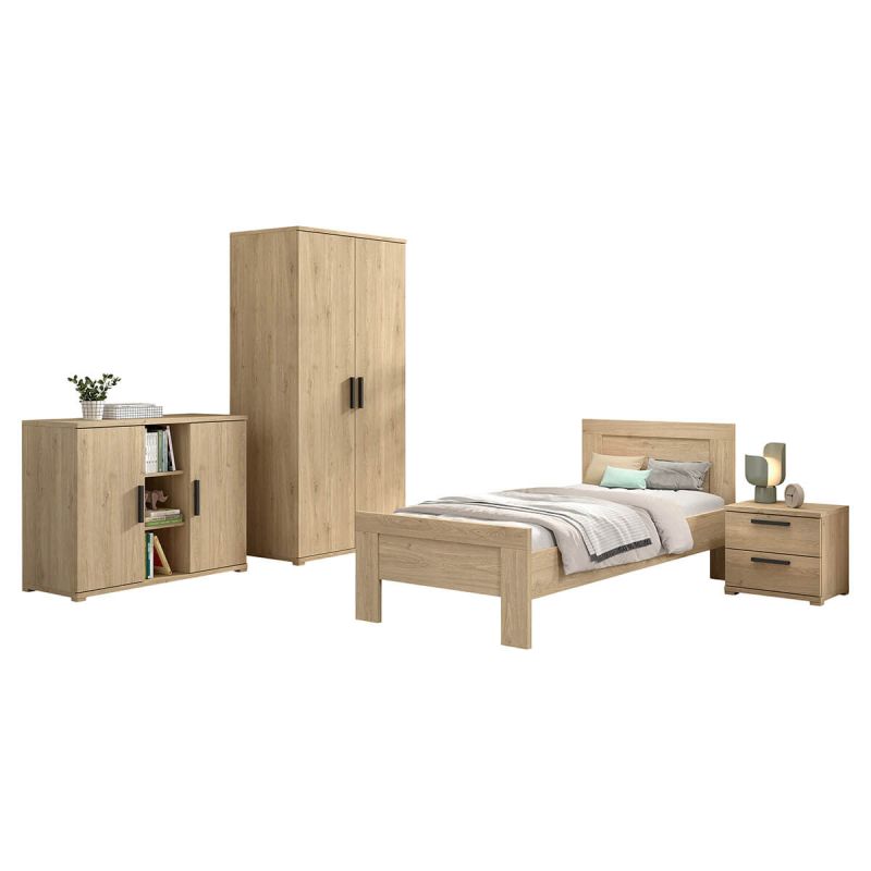 MARCO - Chambre Enfant Complète Lit 90x200cm Chevet Armoire 2P et Commode Aspect Chêne