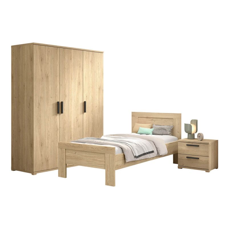 MARCO - Chambre Enfant Lit 90x200cm + Chevet + Armoire 3 Portes Aspect Chêne clair