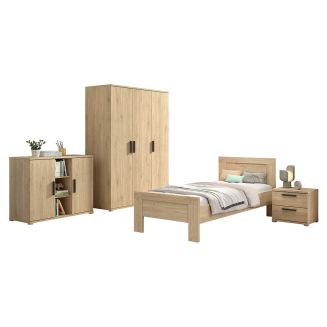 MARCO - Chambre Enfant Complète Lit 90x200cm Chevet Armoire 3P et Commode Aspect Chêne