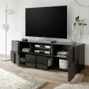 REBECCA - Meuble TV 181 cm Finition Laqué Gris Carbone Relief Damiers