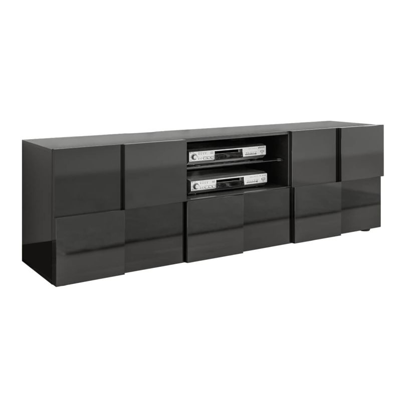 REBECCA - Meuble TV 181 cm Finition Laqué Gris Carbone Relief Damiers