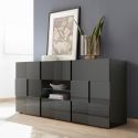 REBECCA - Buffet 2 Portes 2 Tiroirs Finition Laqué Gris Carbone Relief Damiers et Leds