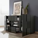 REBECCA - Buffet 2 Portes 2 Tiroirs Finition Laqué Gris Carbone Relief Damiers et Leds