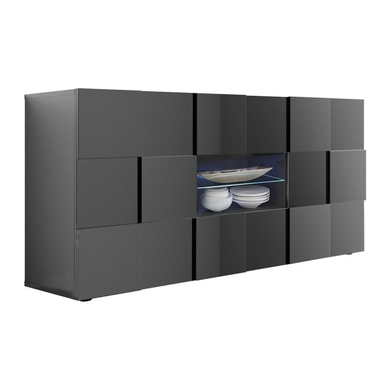 REBECCA - Buffet 2 Portes 2 Tiroirs Finition Laqué Gris Carbone Relief Damiers et Leds