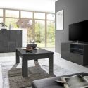 REBECCA - Ensemble Salon complet Meuble TV 121 cm Laqué Gris Carbone Relief Damiers