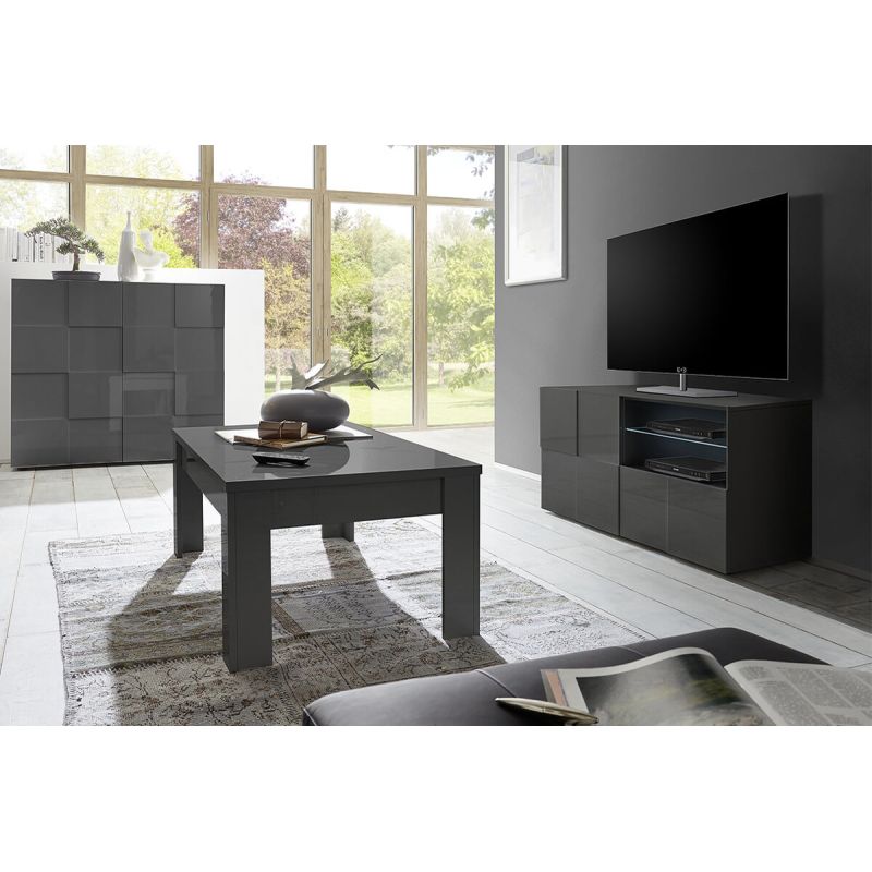 REBECCA - Ensemble Salon complet Meuble TV 121 cm Laqué Gris Carbone Relief Damiers