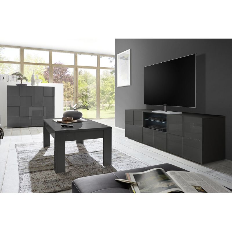 REBECCA - Ensemble Salon complet Meuble TV 181 cm Laqué Gris Carbone Relief Damiers