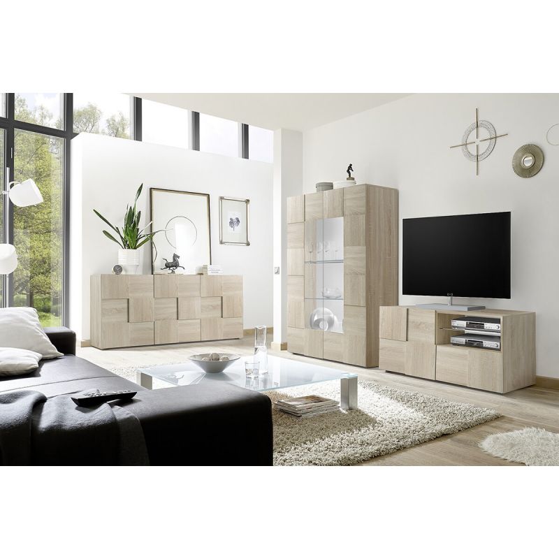 REBECCA - Ensemble Meuble TV 121 cm + Buffet 3P Aspect Bois Samoa Relief Damiers