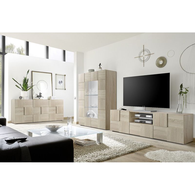 REBECCA - Ensemble Meuble TV 181 cm + Buffet 3P Aspect Bois Samoa Relief Damiers