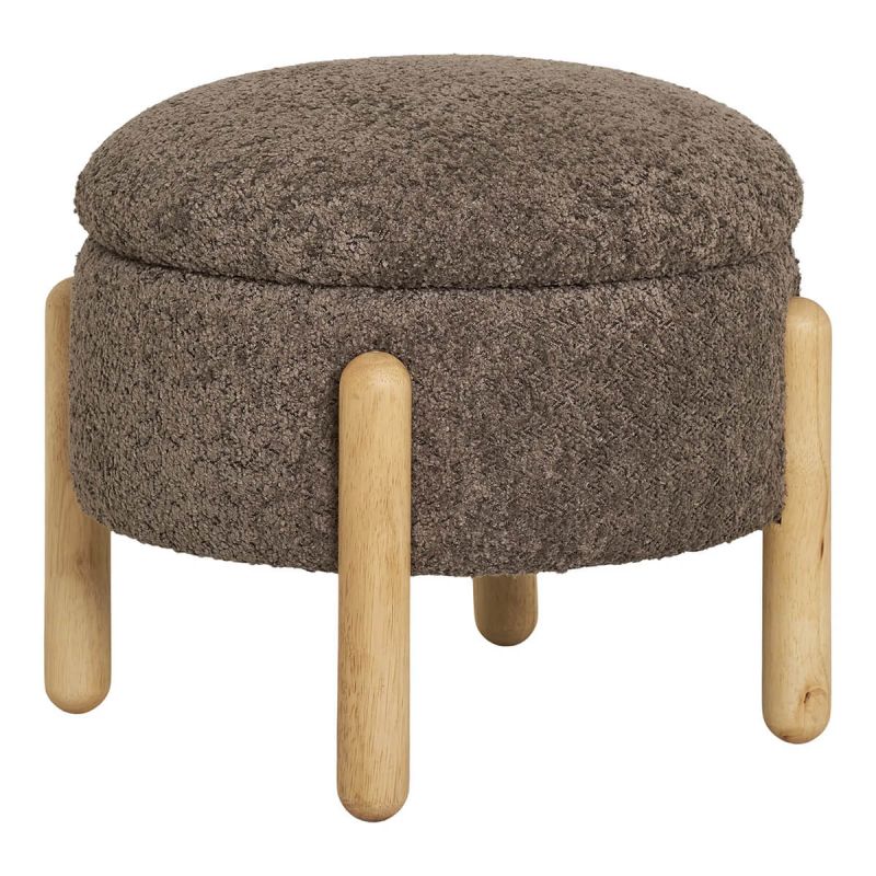 KINOKO - Pouf Coffre Rond Revêtement Bouclette Marron