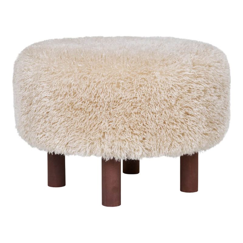 MUSTIK - Pouf en Fausse Fourrure Beige Pieds en Pin Teinté Marron