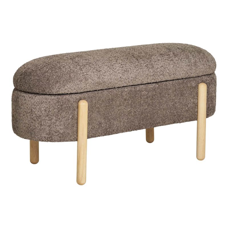 BRENDA - Banc-Coffre en Tissu Bouclettes Marron Pieds Bois Naturel