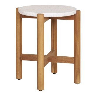 LORIENA - Table Basse Ronde Ø37cm en Acacia Plateau en Terrazzo