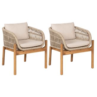 LORIENA - Lot de 2 Fauteuils de Table de Jardin en Acacia et Corde Beige avec Coussins