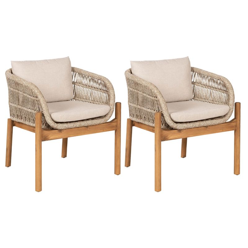 LORIENA - Lot de 2 Fauteuils de Table de Jardin en Acacia et Corde Beige avec Coussins