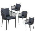 KARRIGE - Lot de 4 Fauteuils de Jardin en Aluminium Noir Corde et Coussins Anthracite