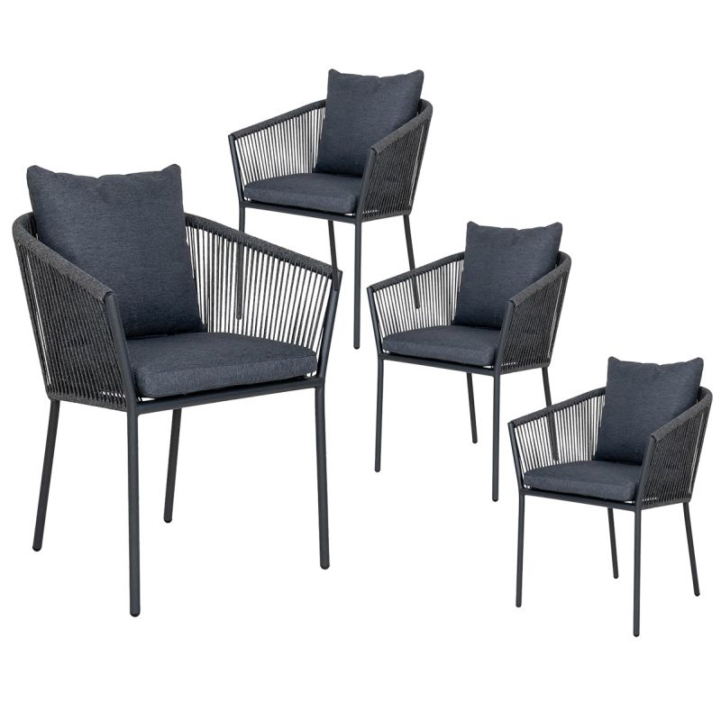 KARRIGE - Lot de 4 Fauteuils de Jardin en Aluminium Noir Corde et Coussins Anthracite