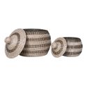 FIORA - Lot de 2 paniers ronds en jonc de mer naturel, blanc et noir avec couvercles